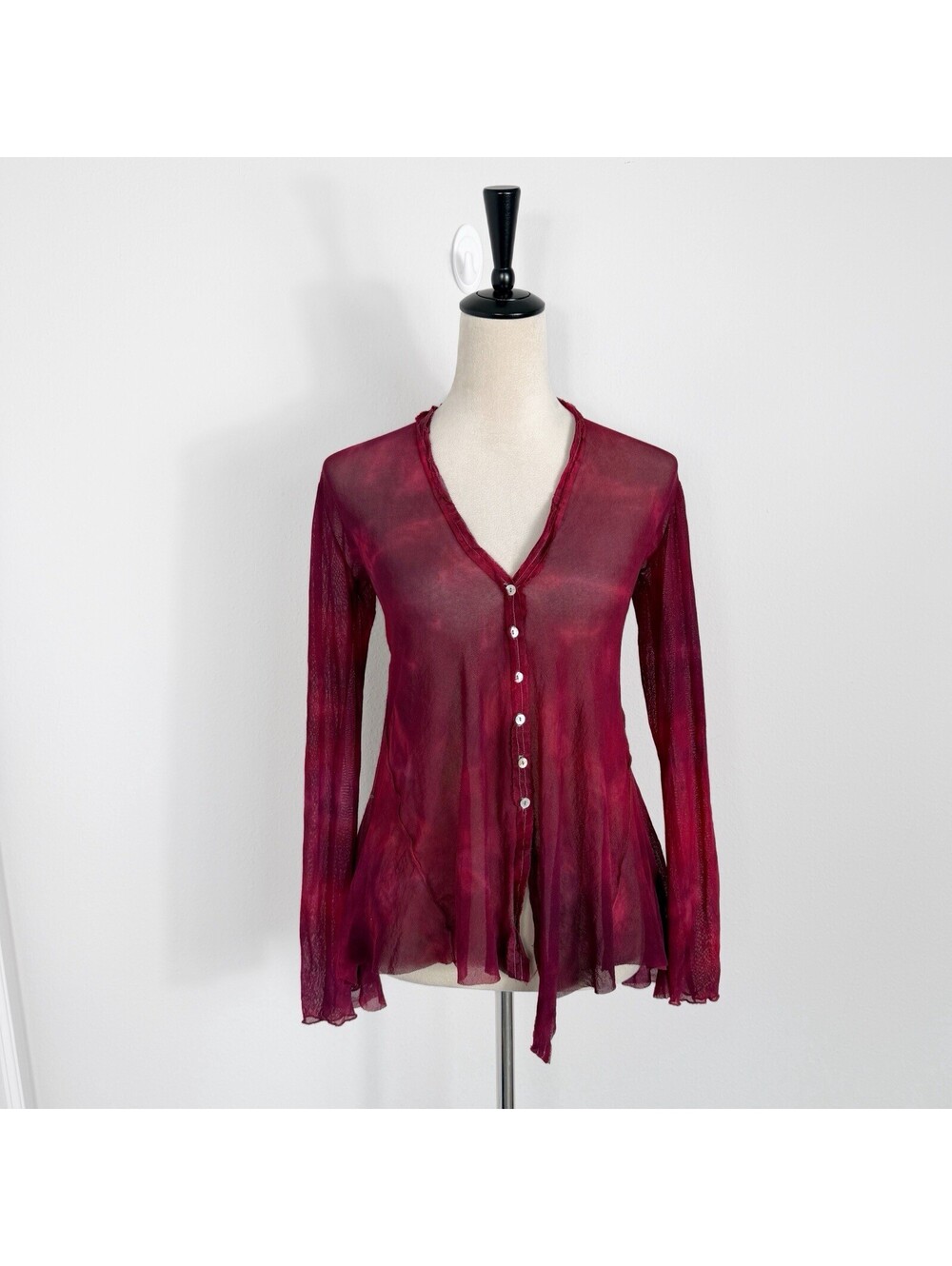 Robin Kaplan Button Down Top Flowy Tunic Sheer Red V-neck Goth Grunge Sz 1